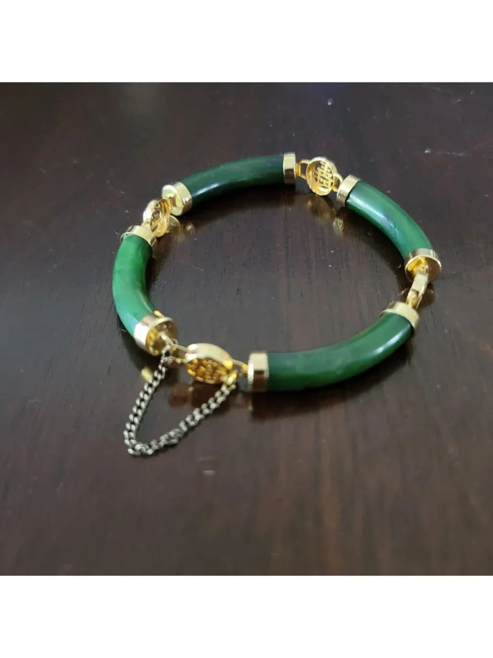 Vintage Chinoiserie Jade and Gold Tone Link Bracelet 8